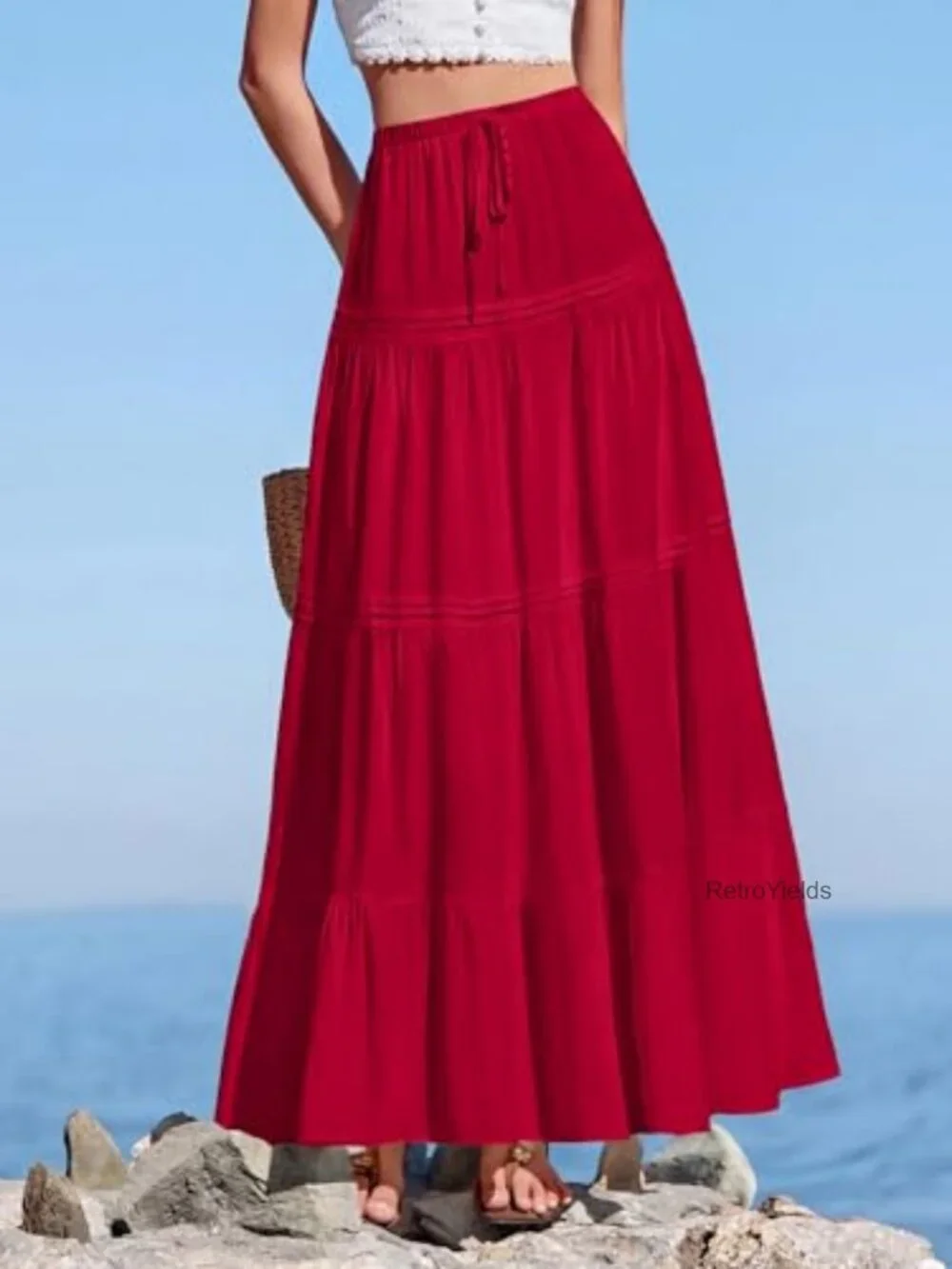 Boho Pleated Maxi Skirt High Waisted Flowy Tiered Skirt Beach Vacation Outfit